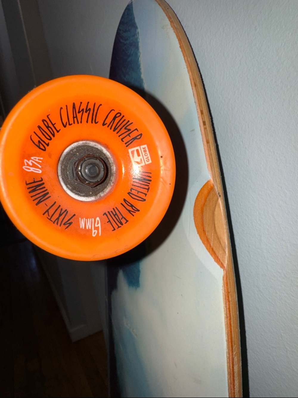 Globe Longboard with Blue Wave Deck and Orange Wheels - Picture 2 of 8